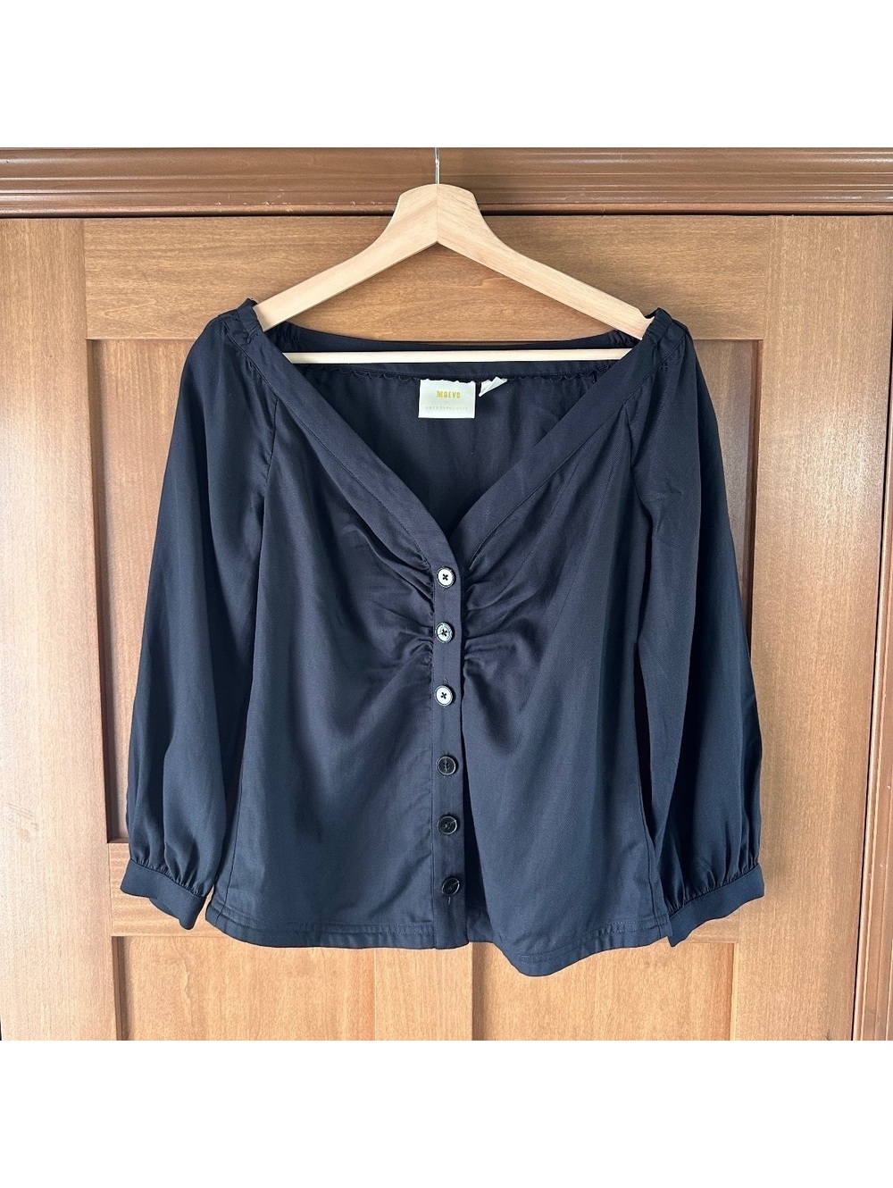 Maeve Anthropologie Morrill Navy Ruched Button Front Linen Blend Blouse Womens 4